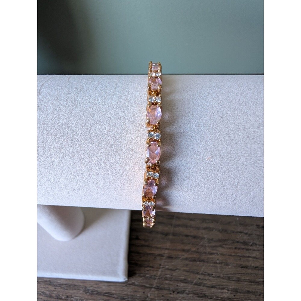 Vintage Avon Pink and Clear Rhinestone Gold Tone Tennis Bracelet 8" w/ Extender